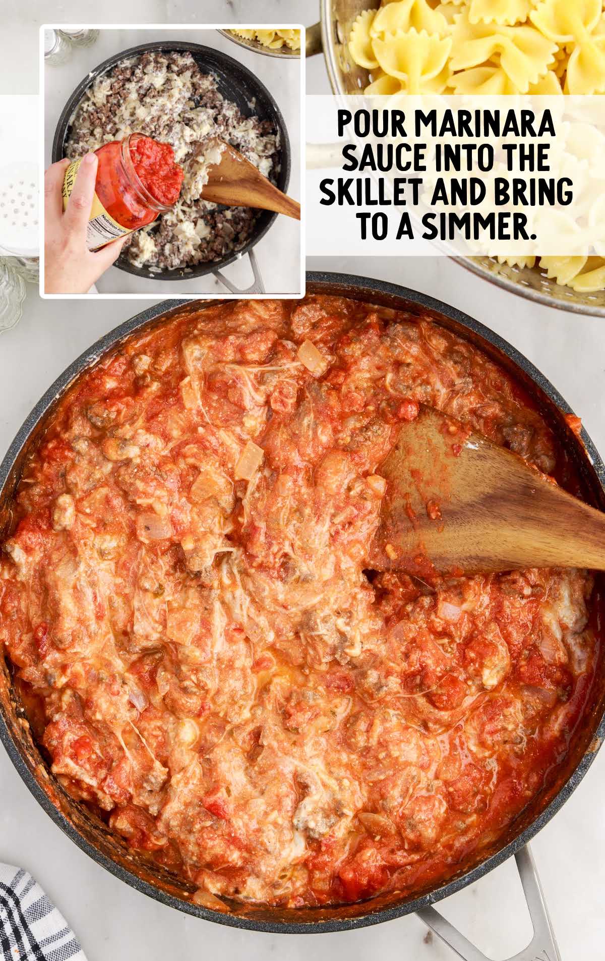 marinara sauce poured into the skillet and bring to a simmer