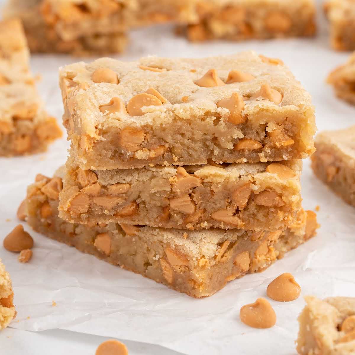 close up shot of Butterscotch Bars stacked on top of each other