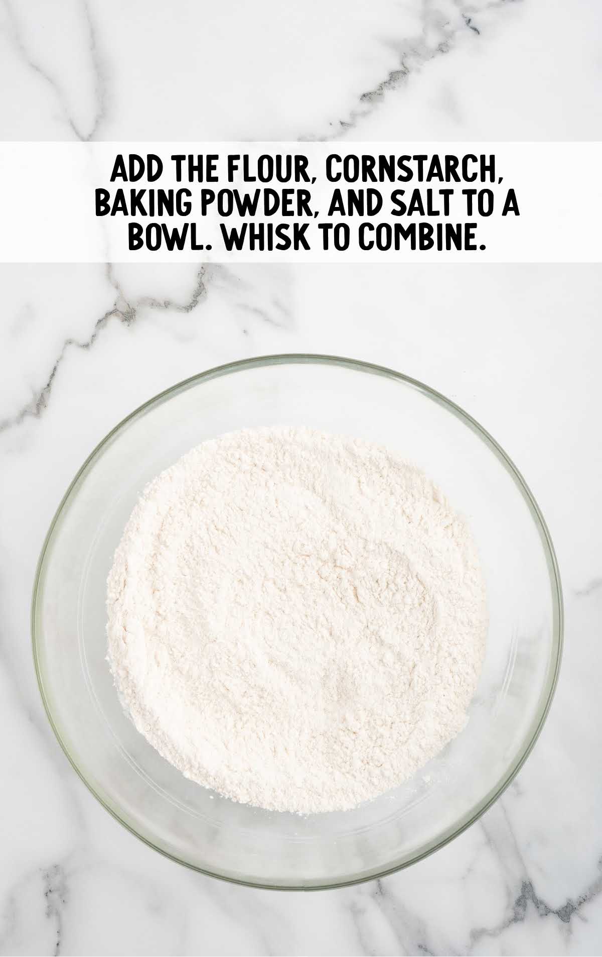 flour, cornstarch, baking powder, and table salt combined in a bowl