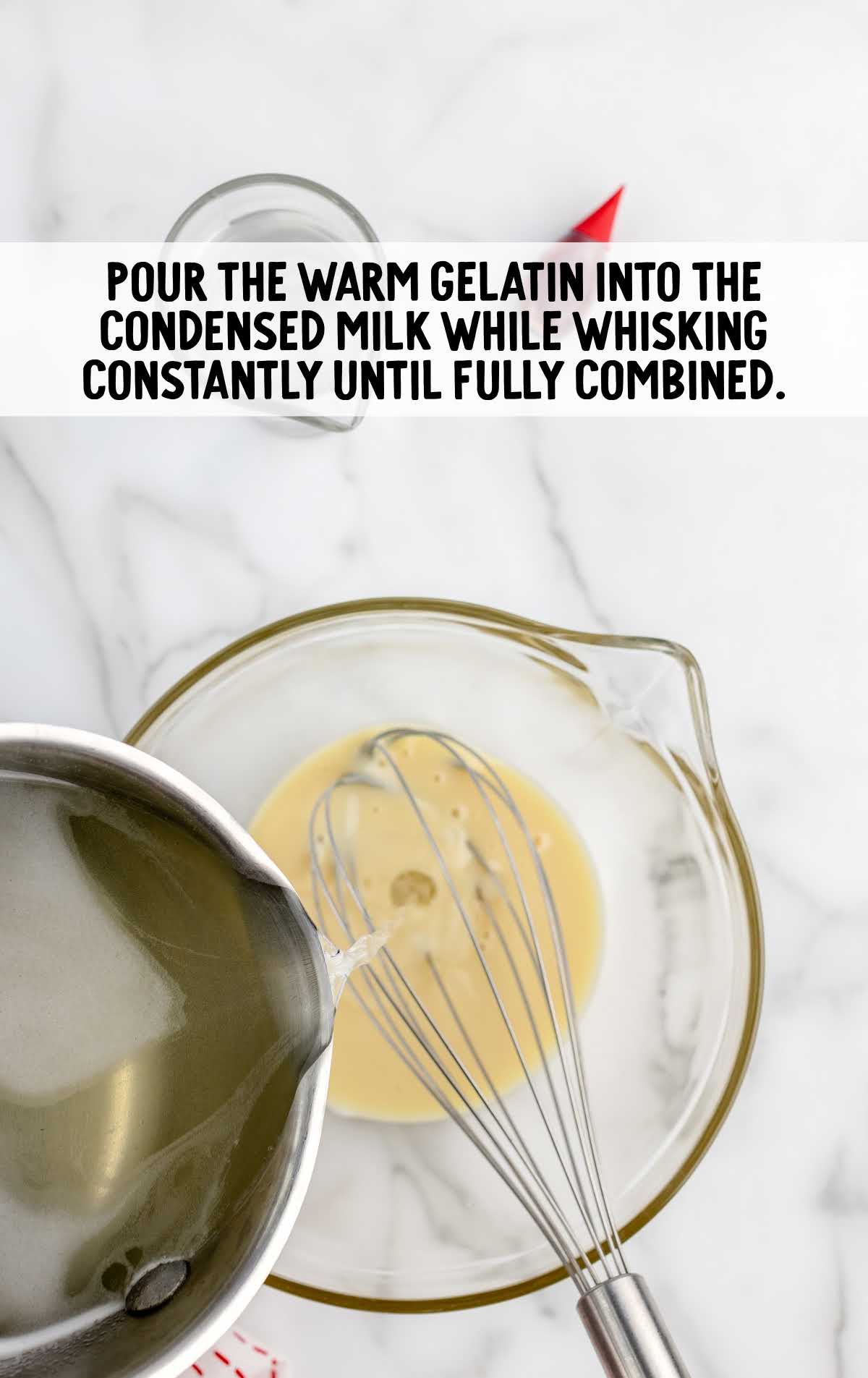 warm gelatin poured into the condensed milk and whisked together