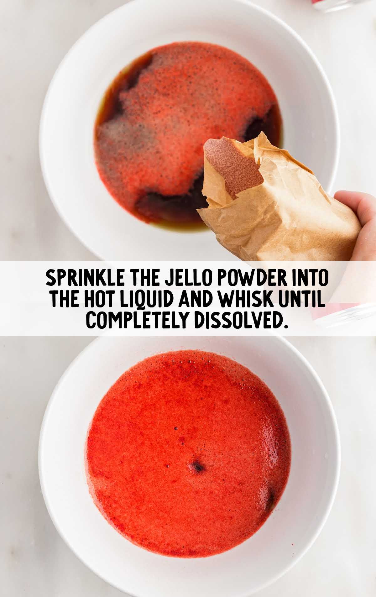 jello powder sprinkled into the liquid and whisked together