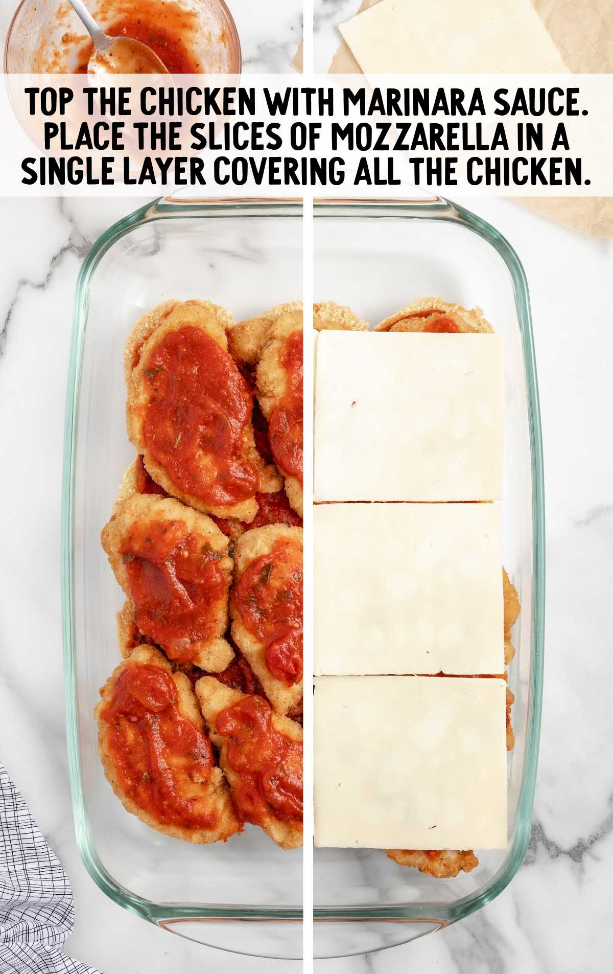 chicken topped with marinara sauce and mozzarella cheese in a baking dish in a baking dish