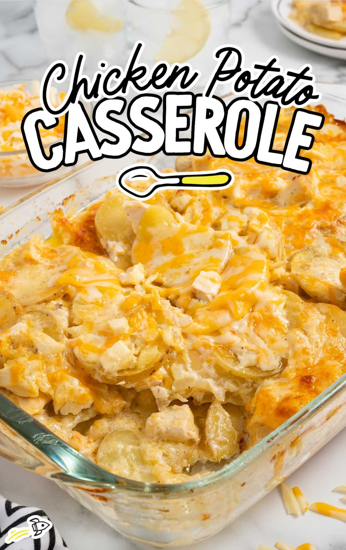 a close up shot of Chicken Potato Casserole on a baking dish