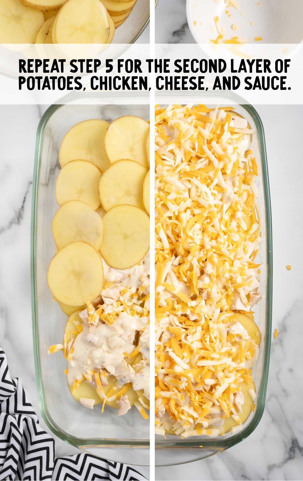 potatoes, chicken, cheese and sauce layered in a baking dish
