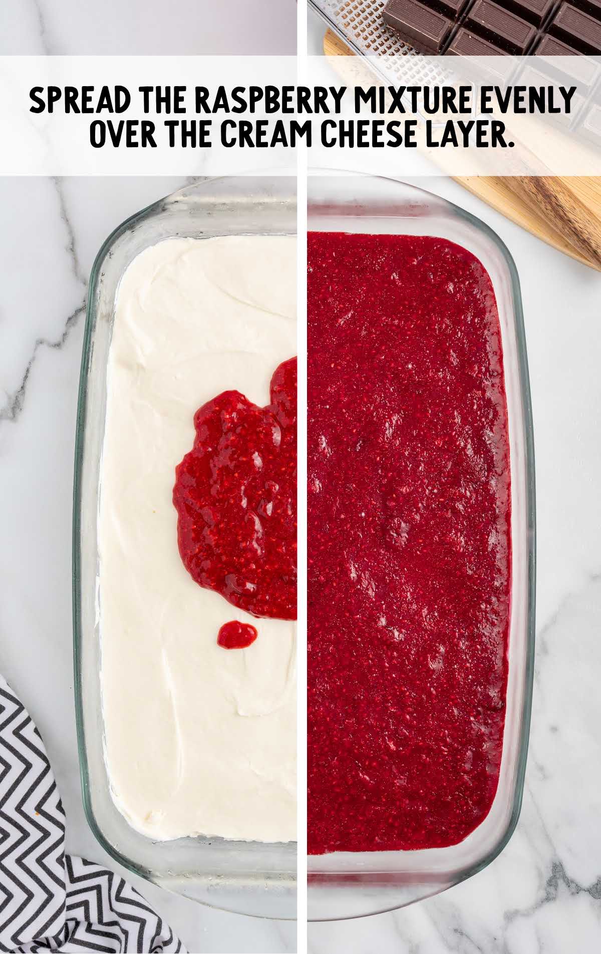 raspberry mixture spread evenly over the cream cheese layer