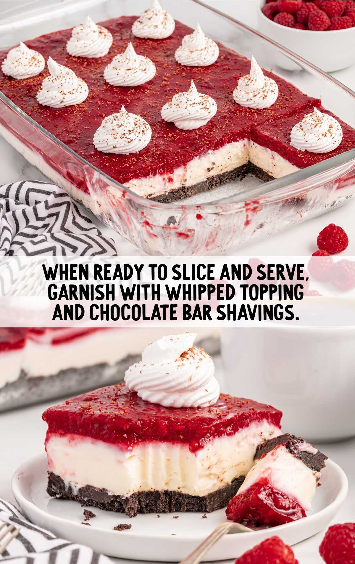 slice the cheesecake delight and top with chocolate bar shaving