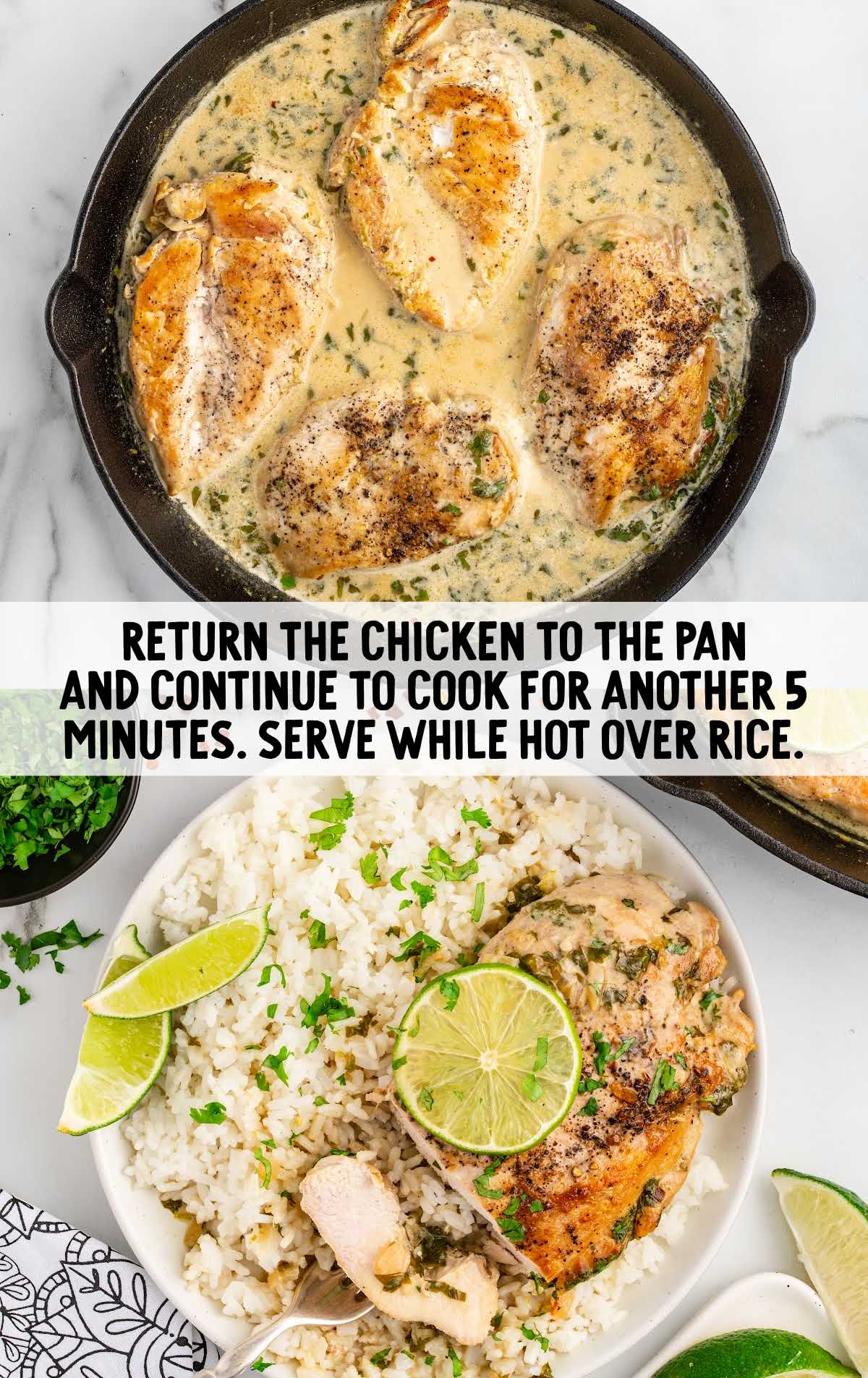 chicken served over rice in a bowl and topped with slices of lime and cilantro