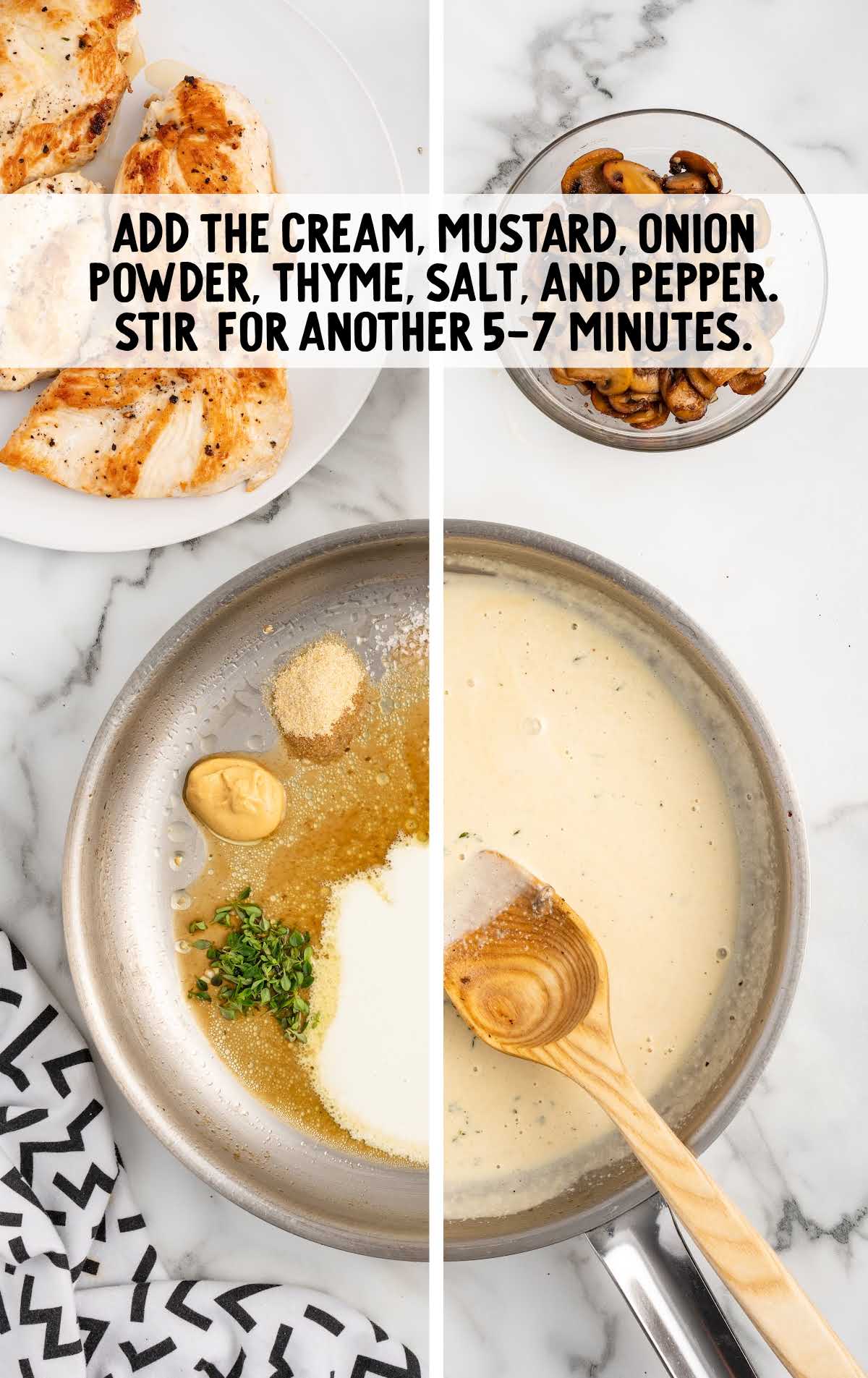 cream, mustard, onion powder, thyme, salt, and pepper added to a skillet