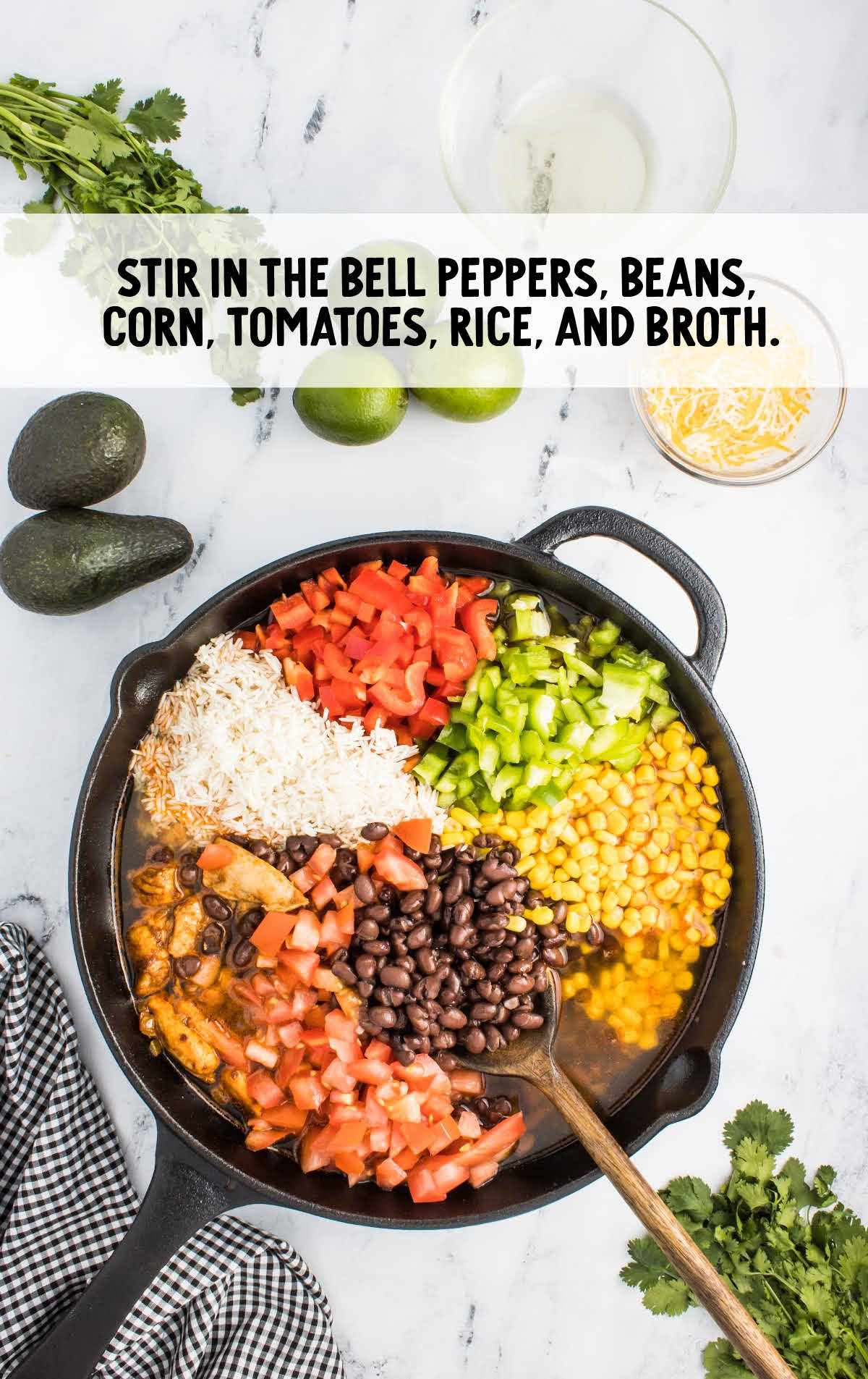 bell peppers, beans, corn, tomatoes, rice and broth stirred together