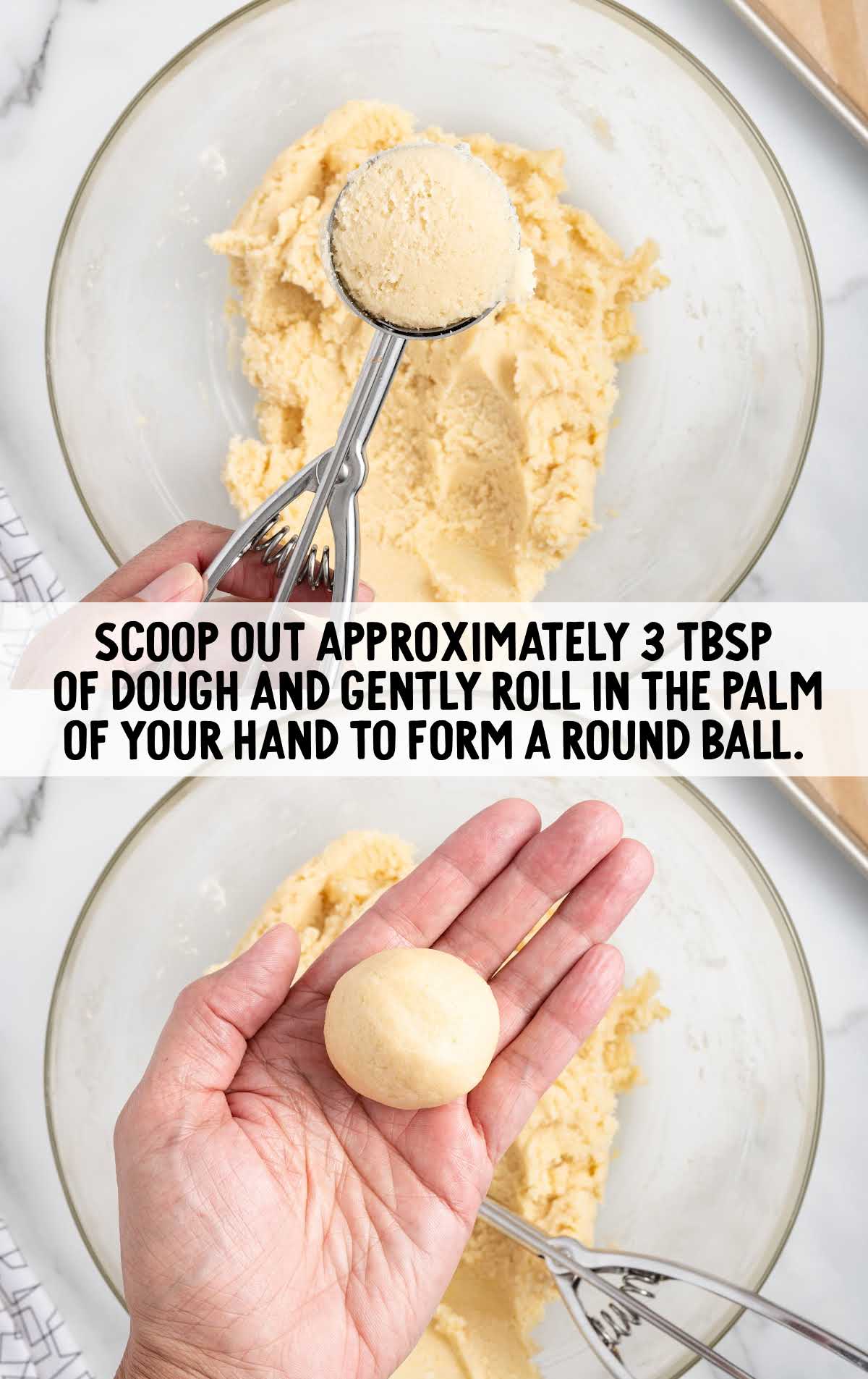 cookie dough scooped out and rolled into a ball