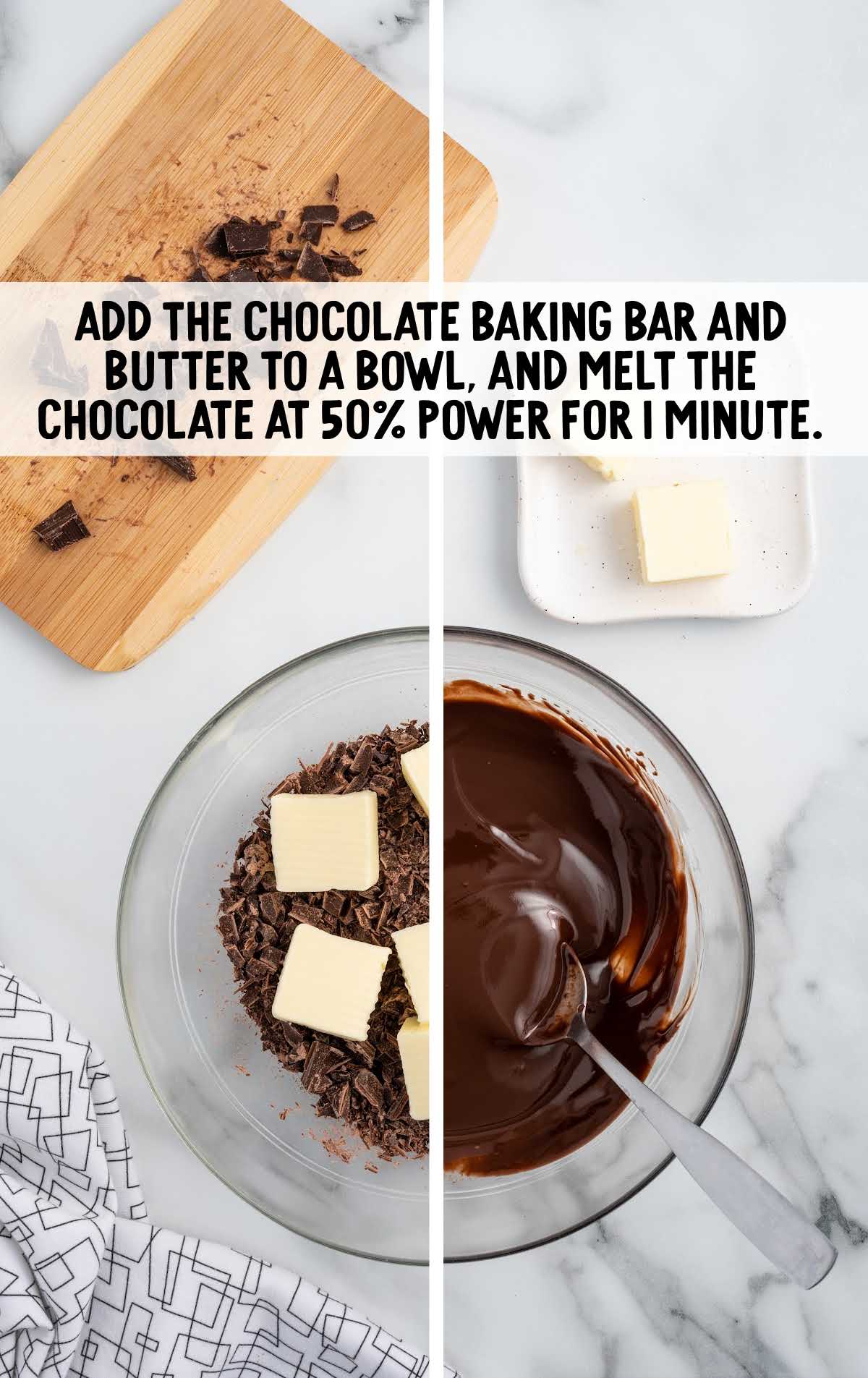 chocolate baking bar and butter added to a bowl