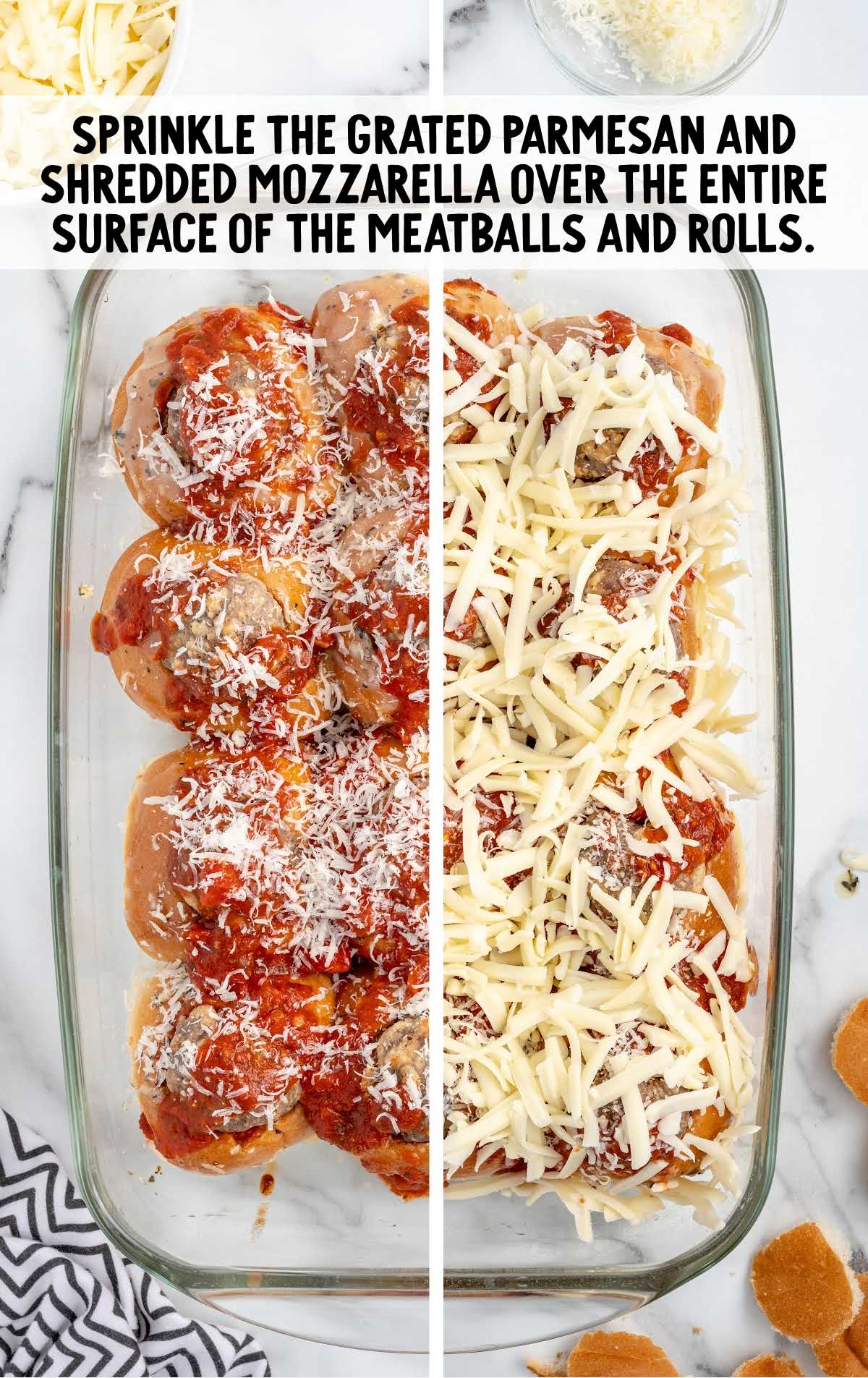Parmesan and mozzarella cheese sprinkled over the meatballs in a baking dish