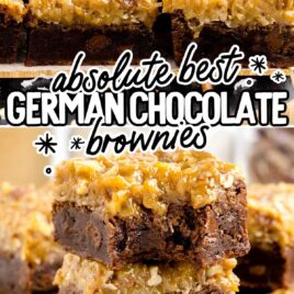 close up shot of German Chocolate Brownies stacked on top of each other on a tray with one having a bite taken out of it