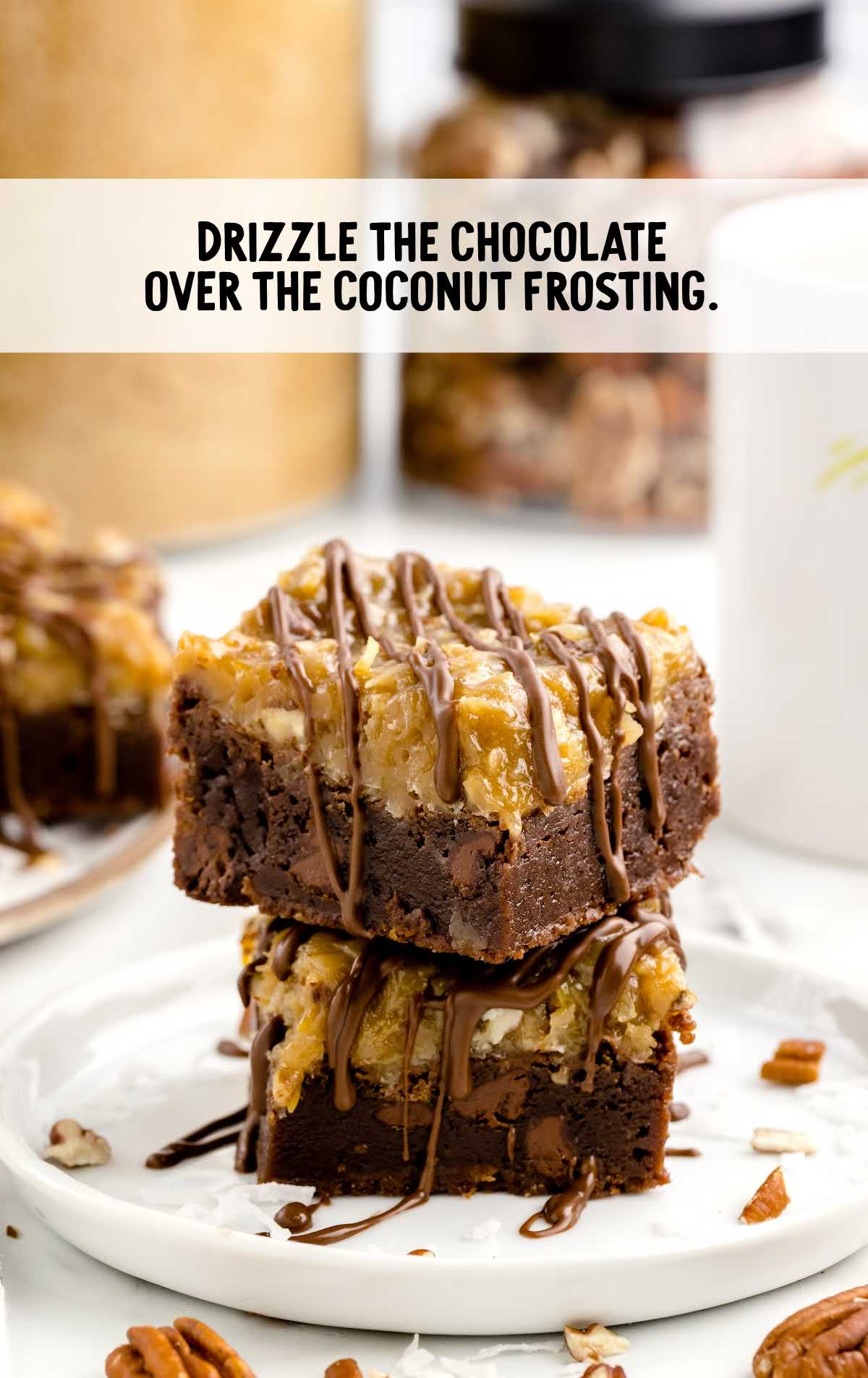 chocolate drizzled over the coconut frosting