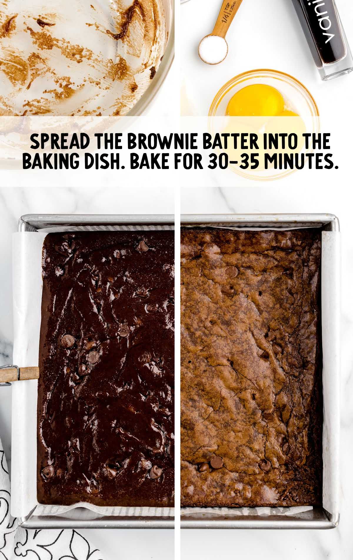 brownie batter spread into the baking dish