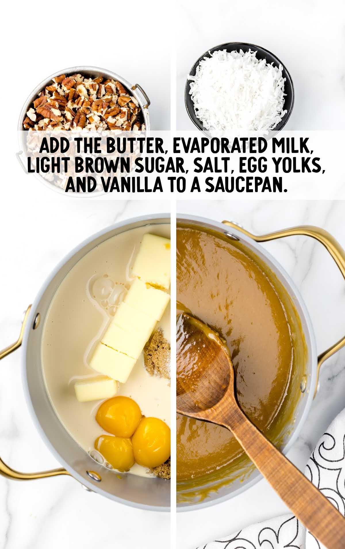butter, milk, light brown sugar, salt, egg yolk, and vanilla added to a saucepan