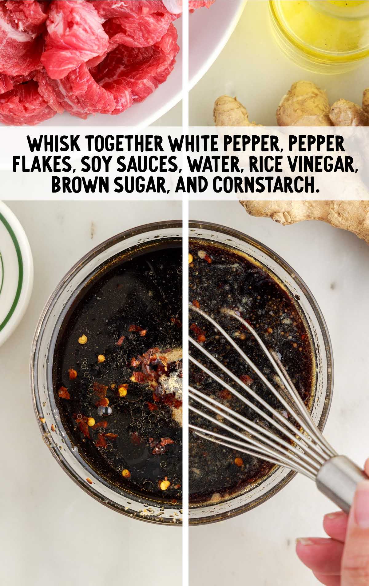 white pepper, pepper flakes, soy sauce, water, rice, vinegar, brown sugar, and cornstarch whisked together