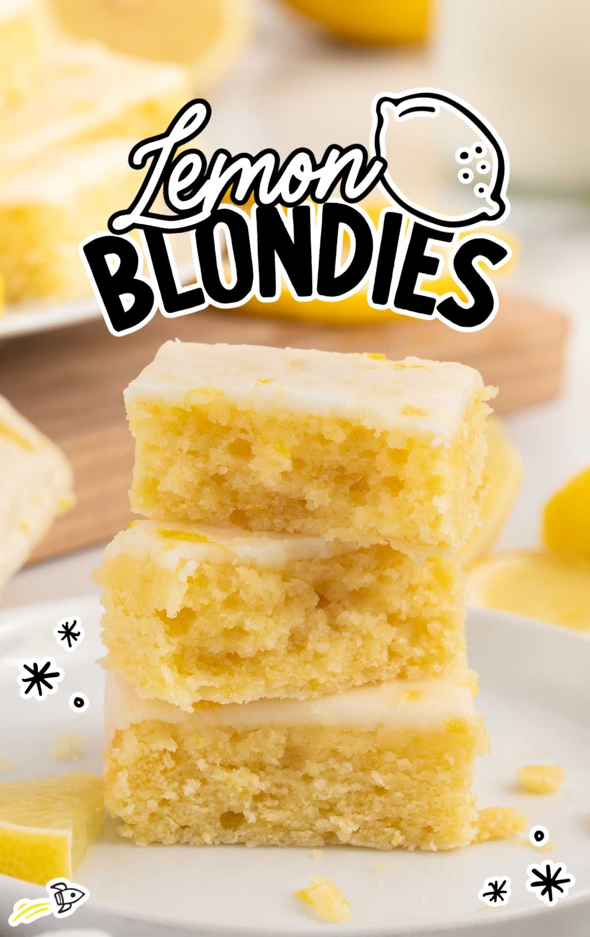 close up shot of Lemon Blondies stacked on top of each other