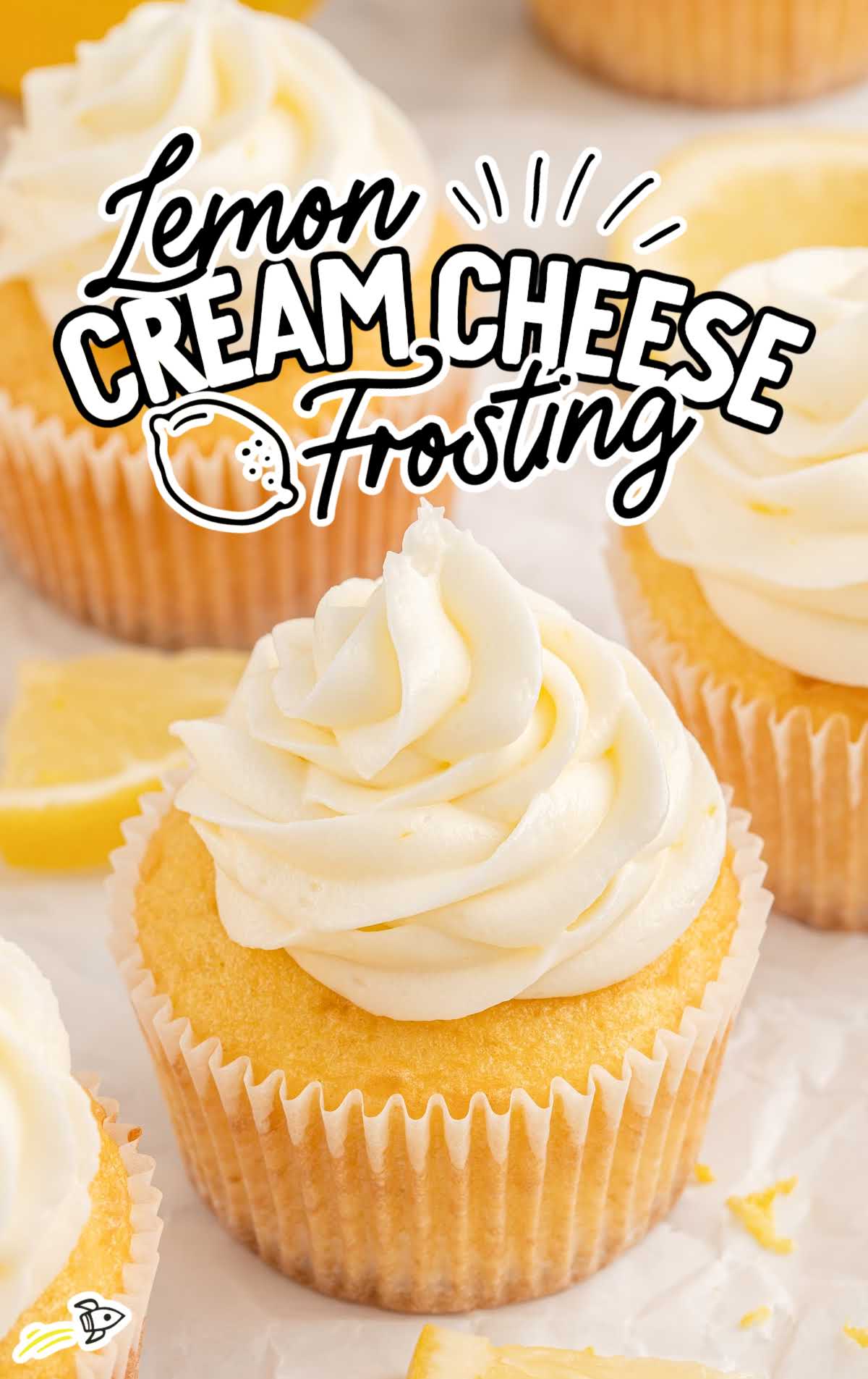close up shot of a cupcake topped with Lemon Cream Cheese Frosting