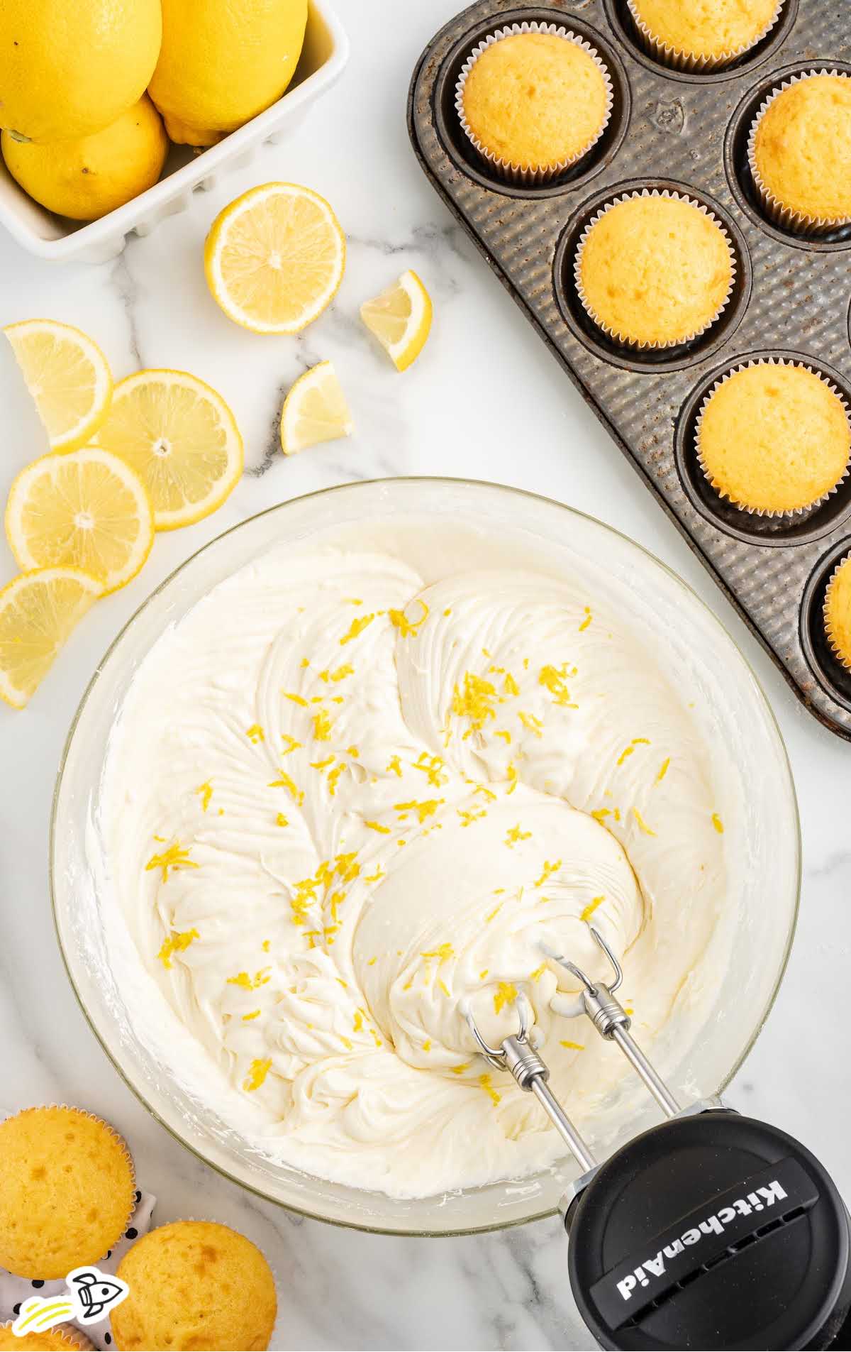 overheard shot of a bowl of Lemon Cream Cheese Frosting