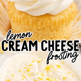 close up shot of a cupcake topped with Lemon Cream Cheese Frosting and a bowl of Lemon Cream Cheese Frosting