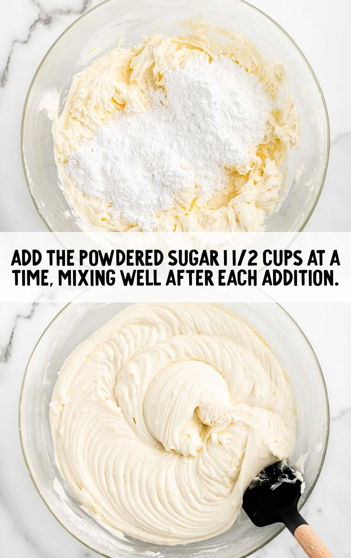 powdered sugar added to the frosting mixture in a bowl