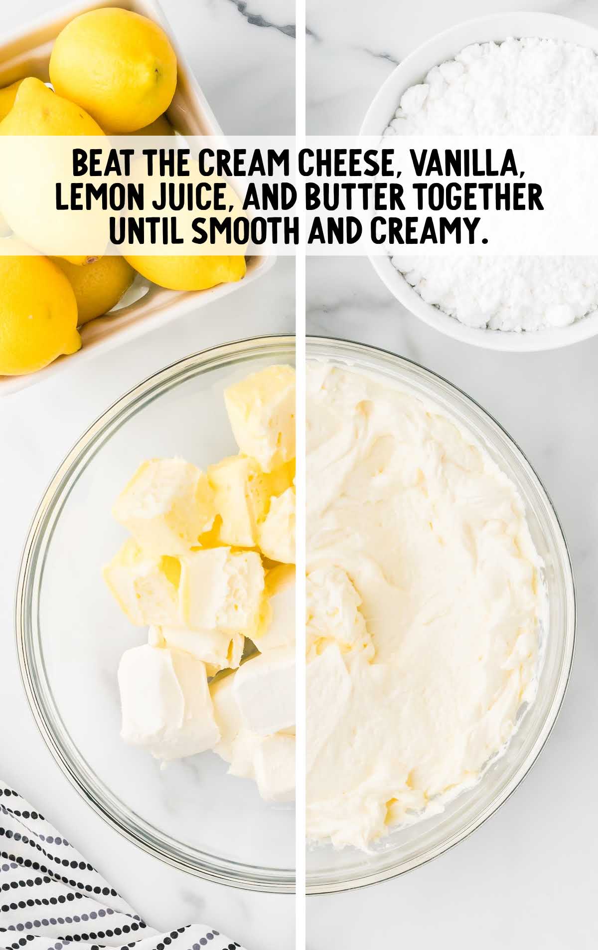 cream cheese, vanilla extract, fresh lemon juice, and butter combined in a bowl 