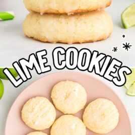 close up shot of Lime Cookies stacked on top of each other and close up overhead shot of cookies on a plate