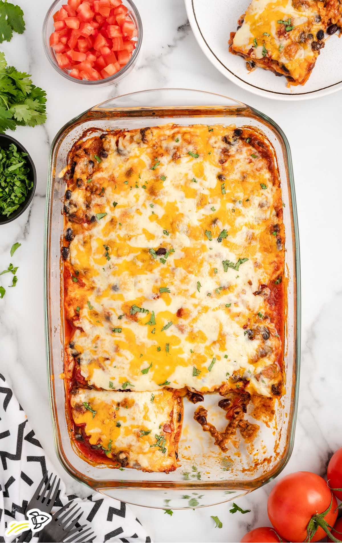 overhead shot of Mexican Lasagna in a baking dish