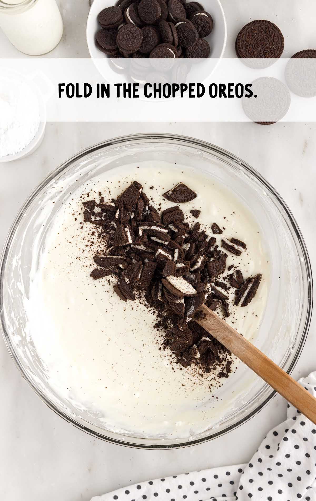 chopped oreos combined with the egg mixture