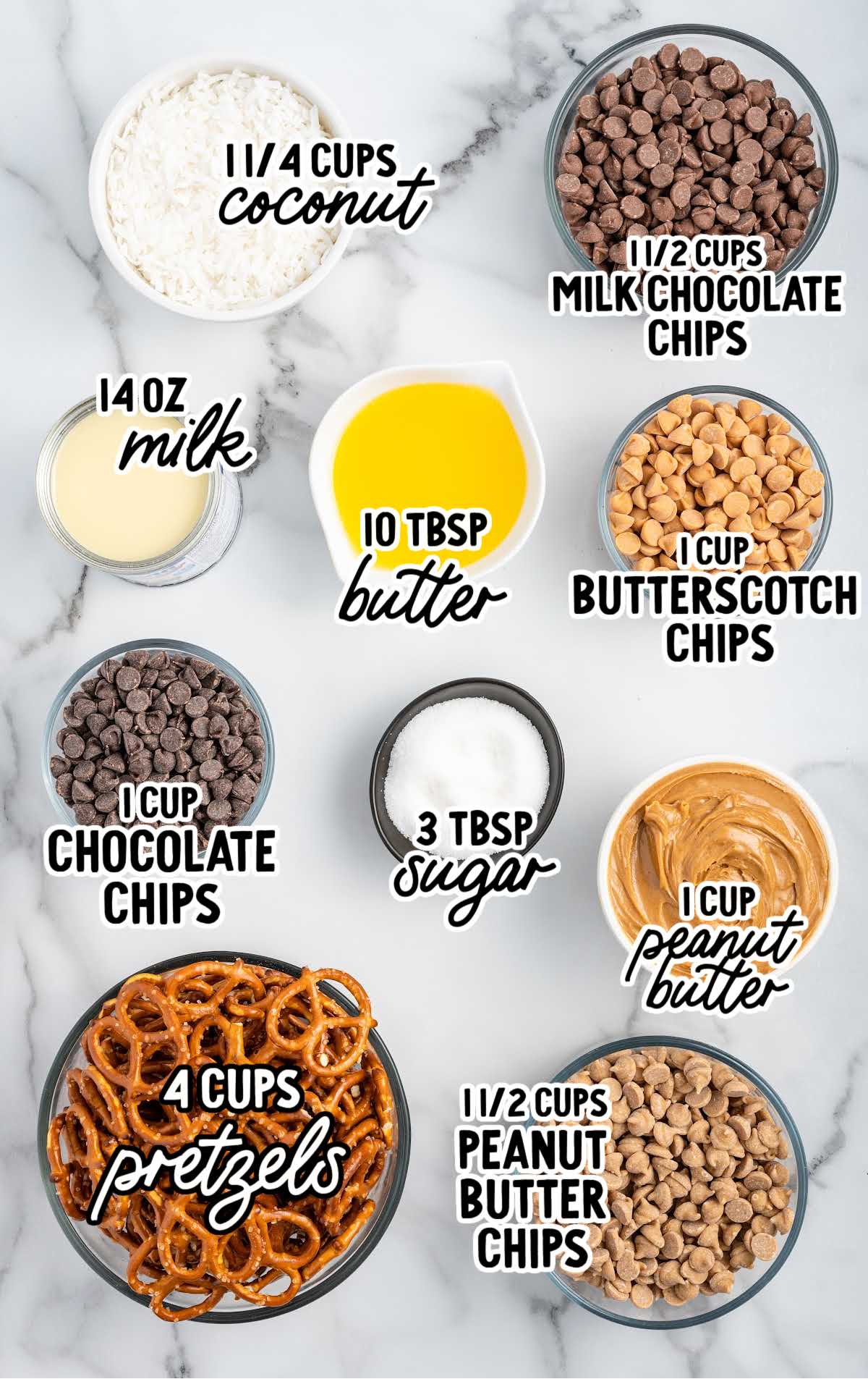 Peanut Butter Pretzel Magic Bars raw ingredients that are labeled