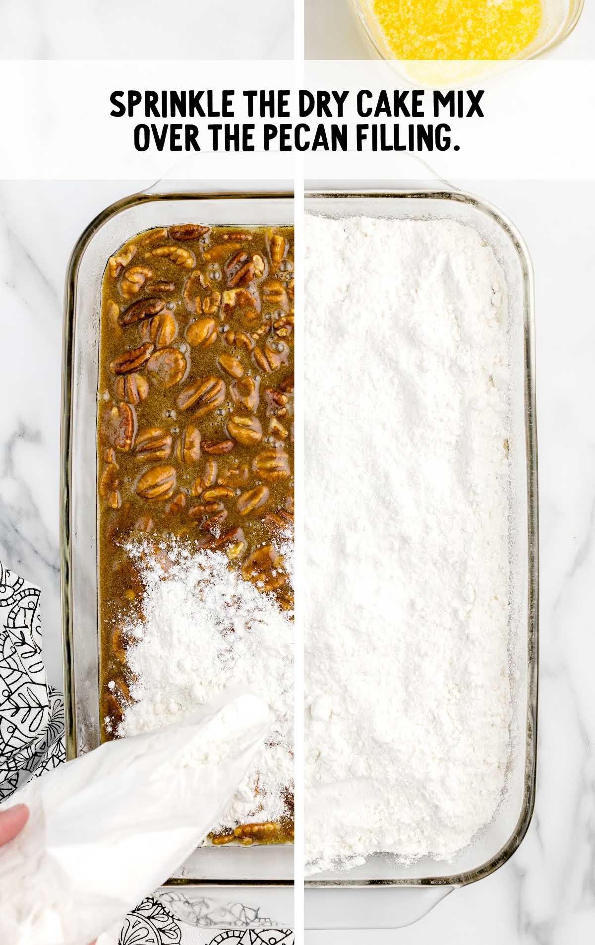 dry cake mix over the pecan filling