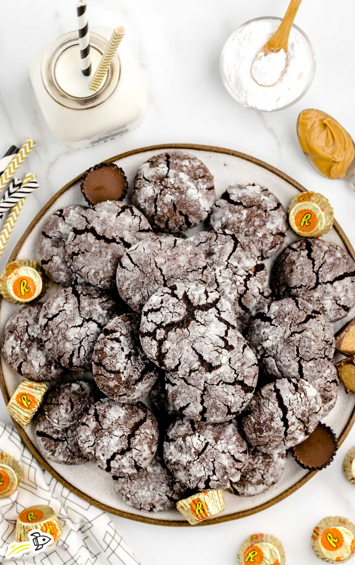 overhead shot of a bowl of Reese's Crinkle Cookies