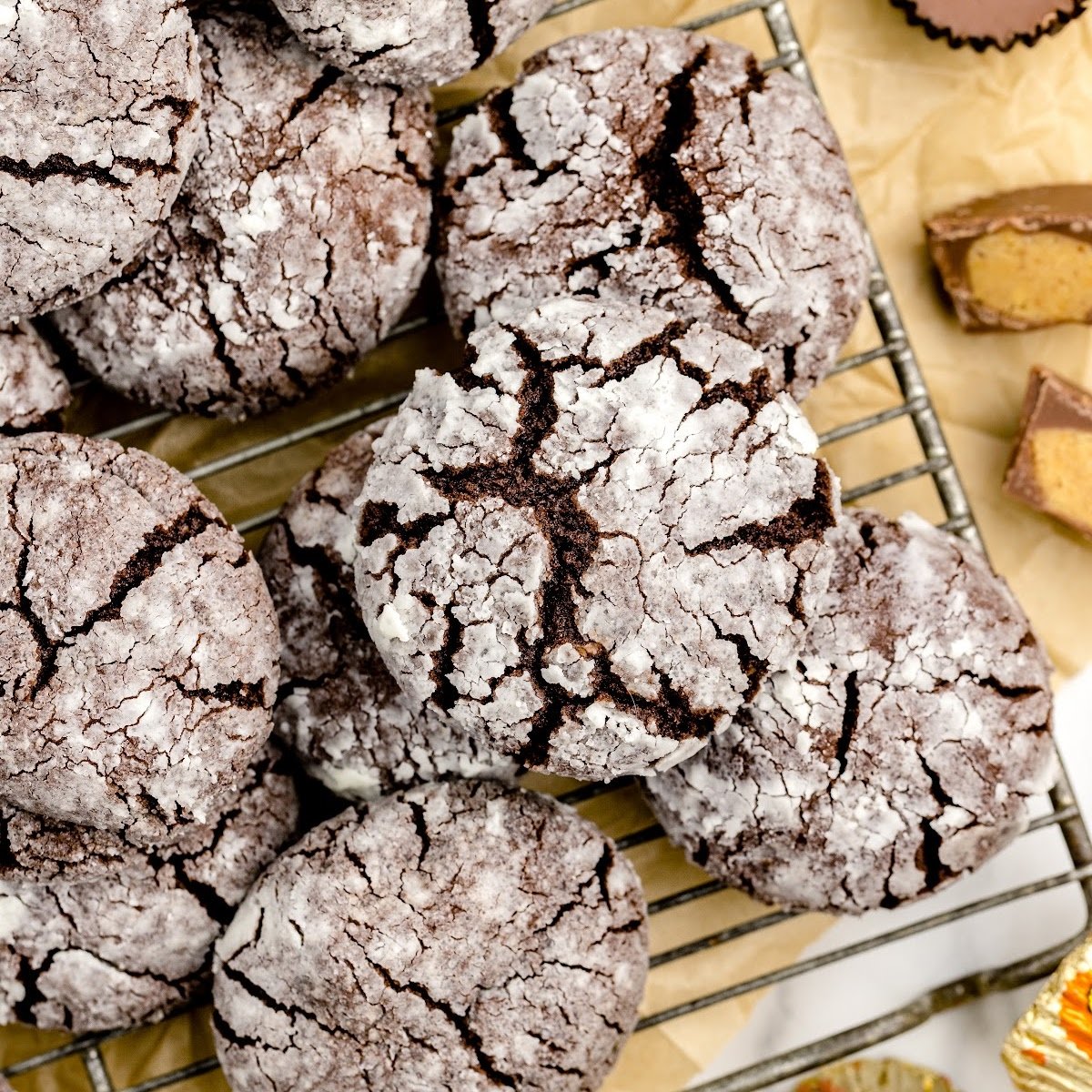 close up shot of Reese's Crinkle Cookies on a cooling rack
