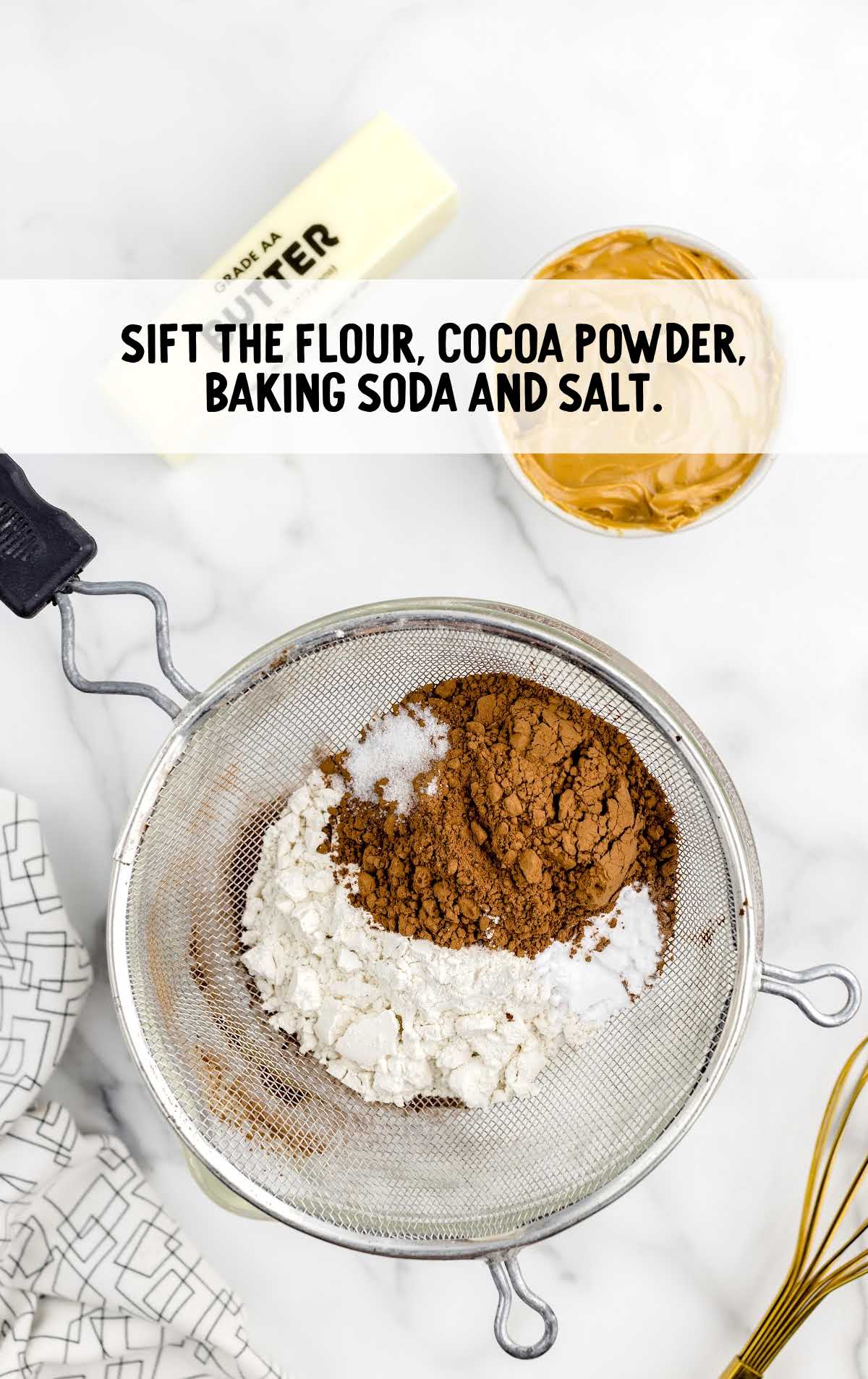 flour, cocoa powder, baking soda and salt shifted into a bowl