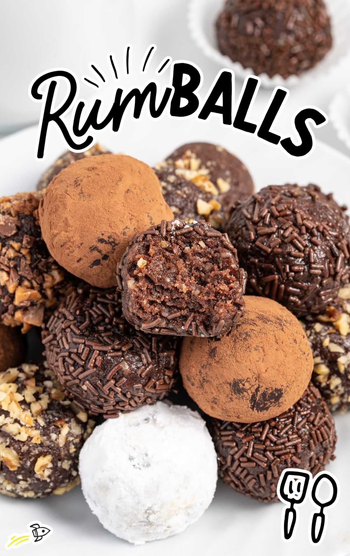 close up shot of Rum Balls stacked on top of each other on a plate