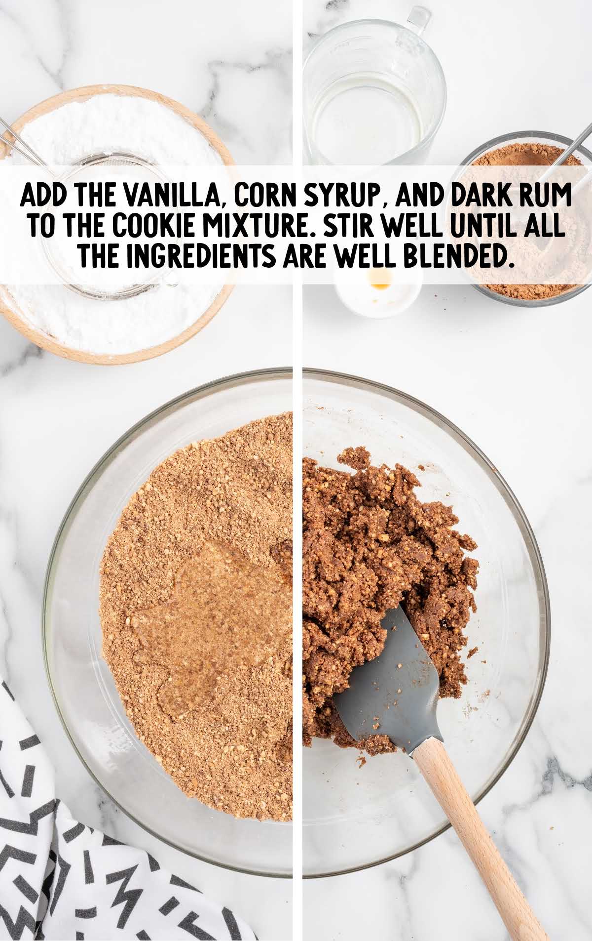 vanilla extract, light corn syrup, and dark rum combined in the bowl