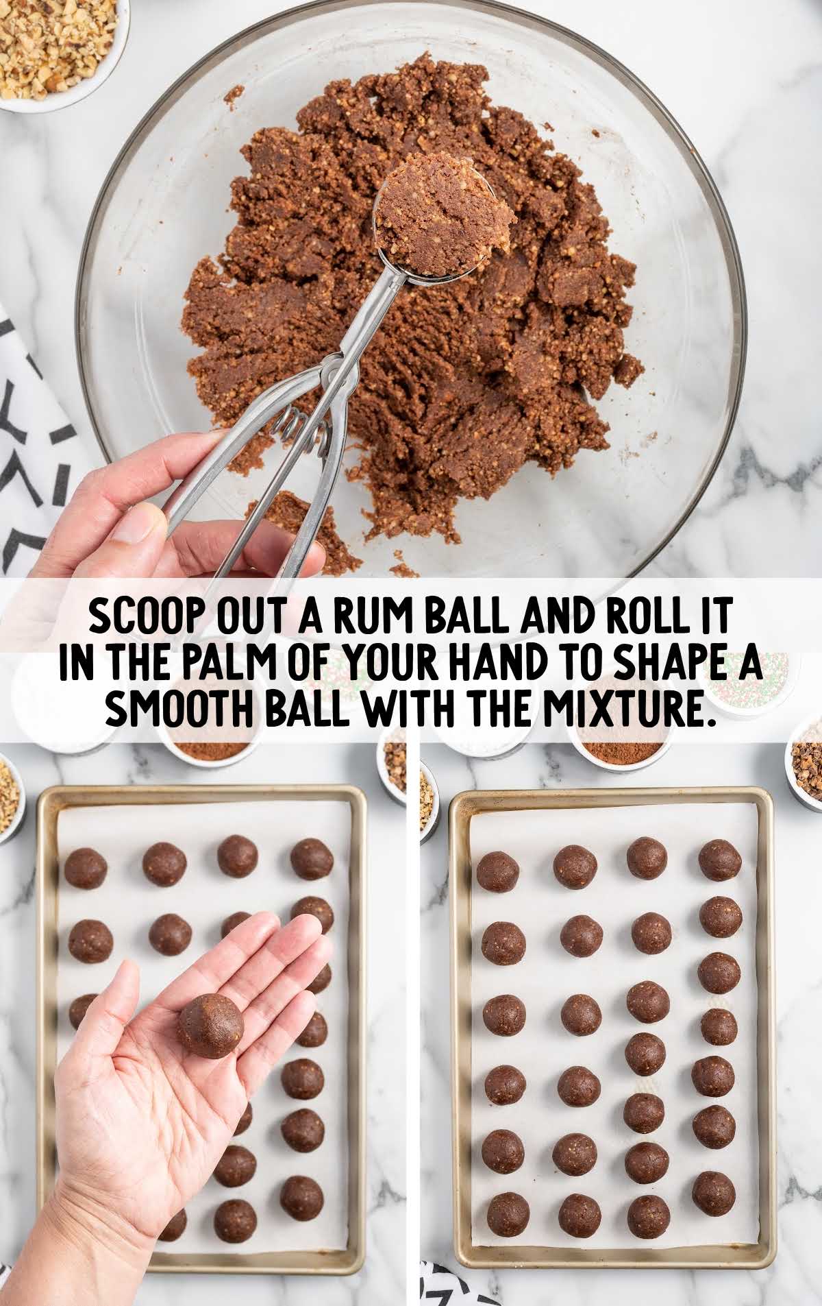 rum balls scooped out of a bowl, rolled into a ball, and then placed on a baking sheet
