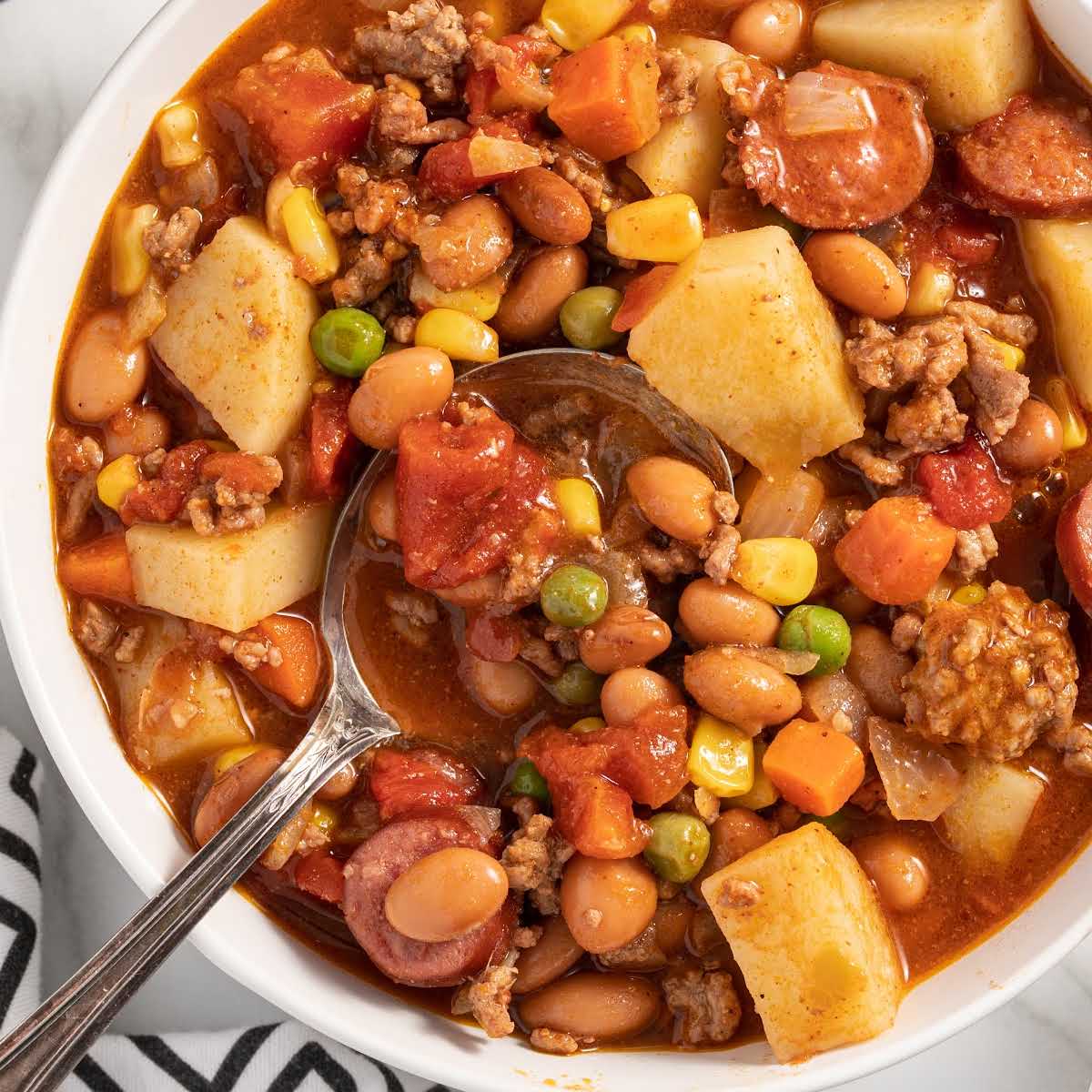 overhead shot of Texas Cowboy Stew in a bowl