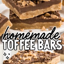 a close up shot of Toffee Bars stacked on top of each other