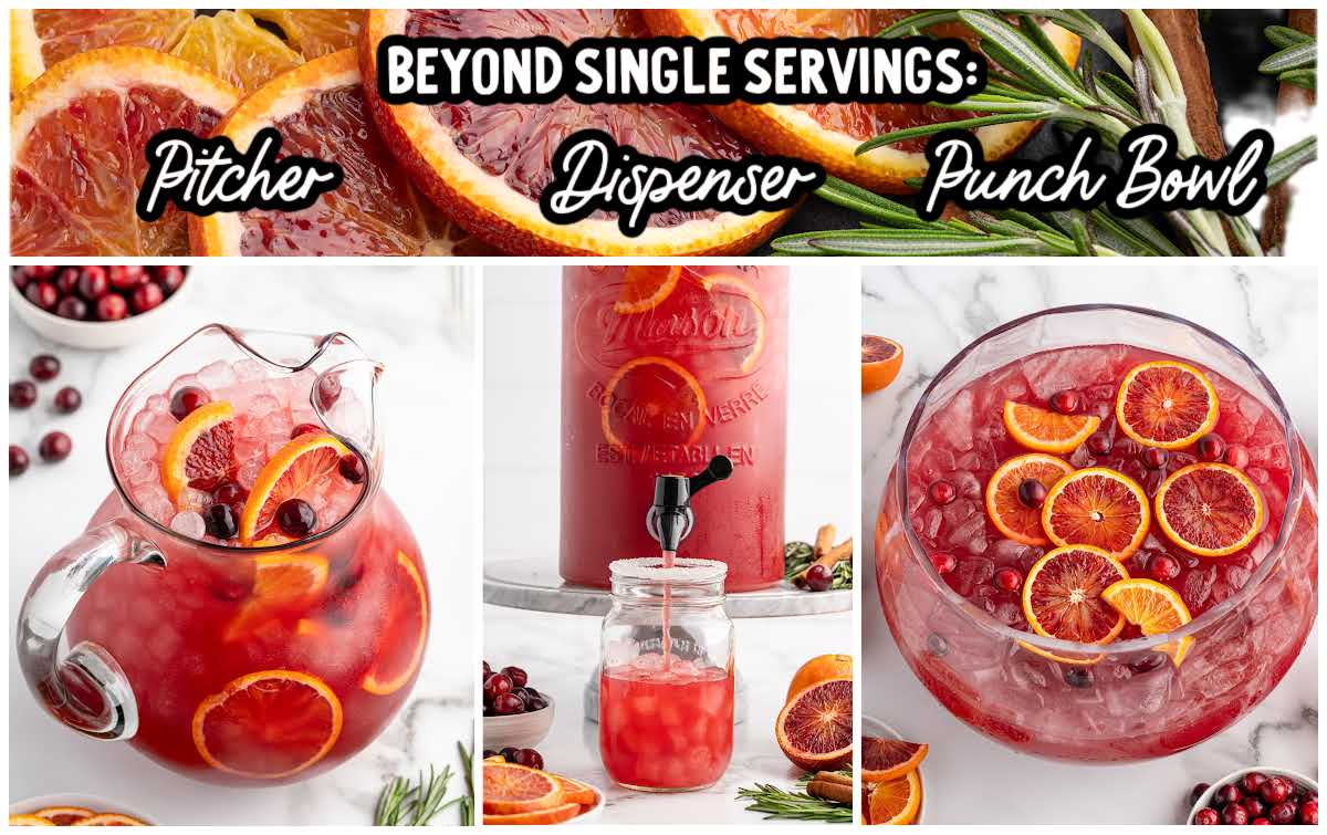 Three ways to serve cranberry Christmas punch—shown in a pitcher, beverage dispenser, and punch bowl—each filled with ice, orange slices, and cranberries.