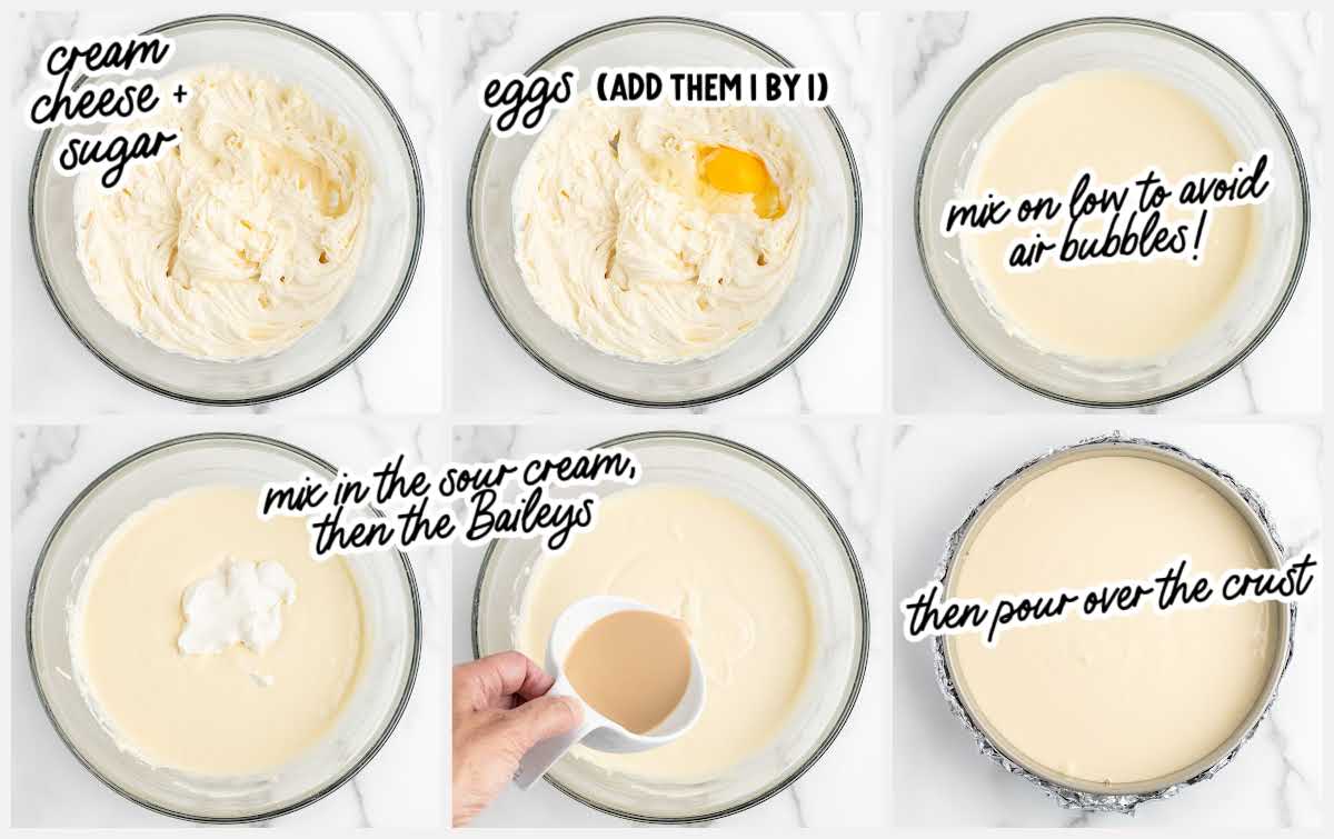 Step-by-step collage showing how to mix Baileys cheesecake batter and pour it over the crust before baking.