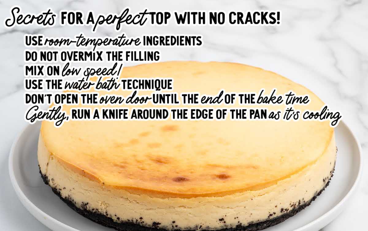 Visual guide with tips for baking Baileys cheesecake using a water bath for a crack-free top.