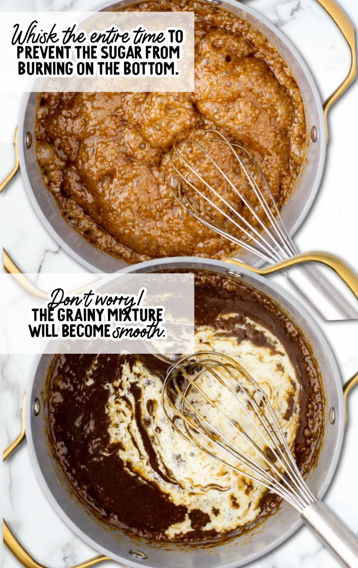 Grainy brown sugar and butter mixture bubbling in a saucepan while whisking to prevent burning