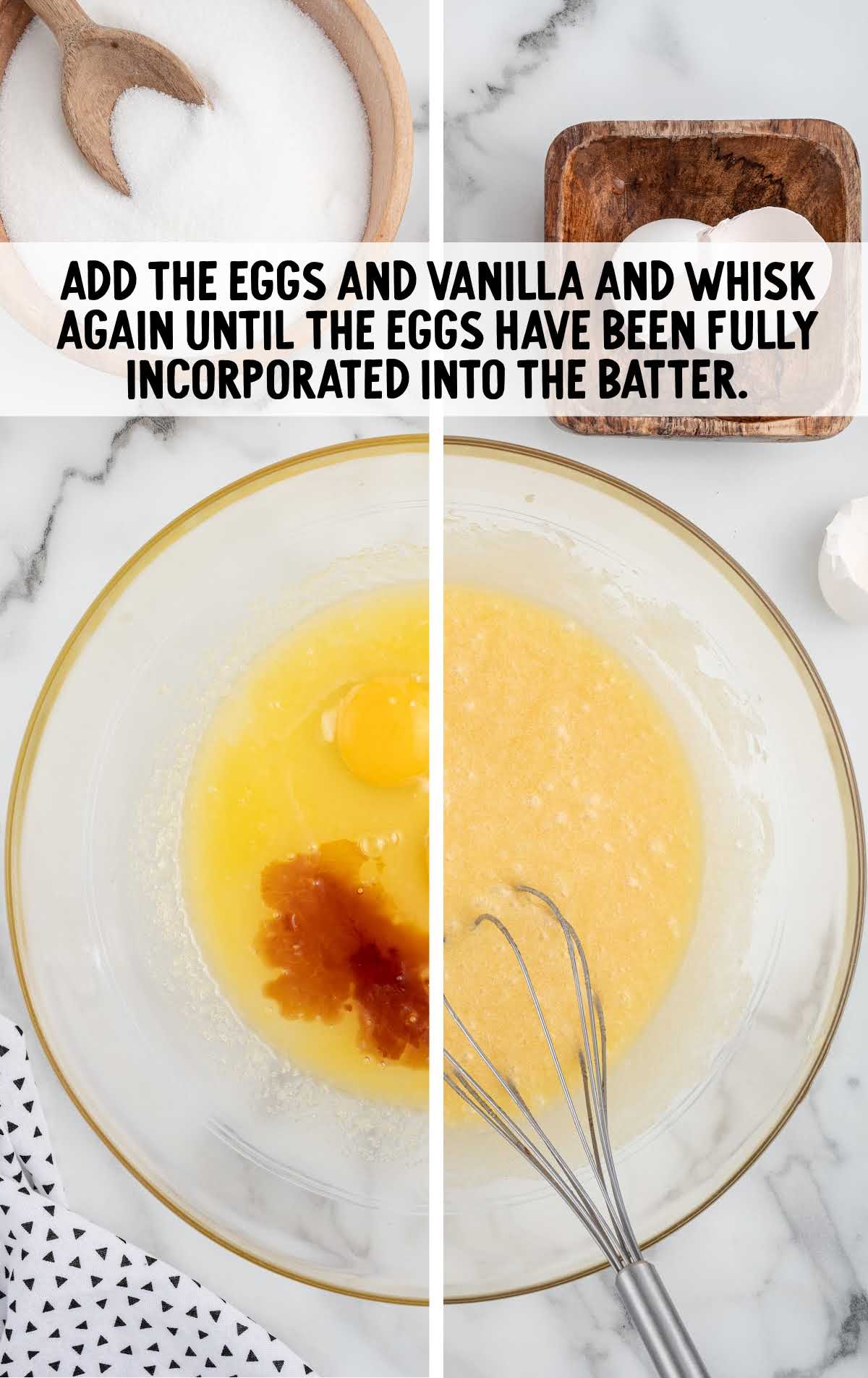 eggs and vanilla whisked together and added to the sugar mixture