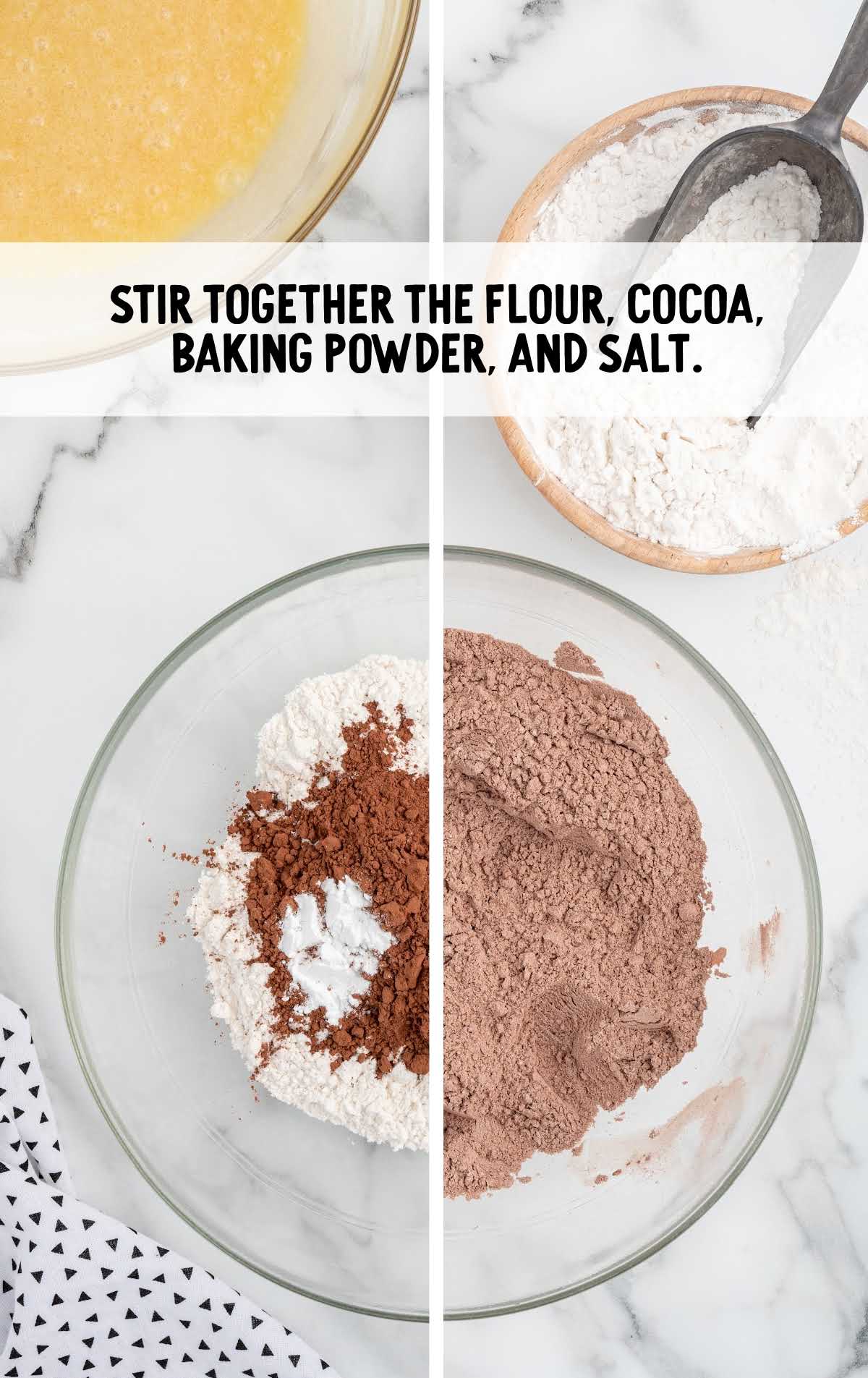 flour, cocoa, baking powder, and salt stirred together