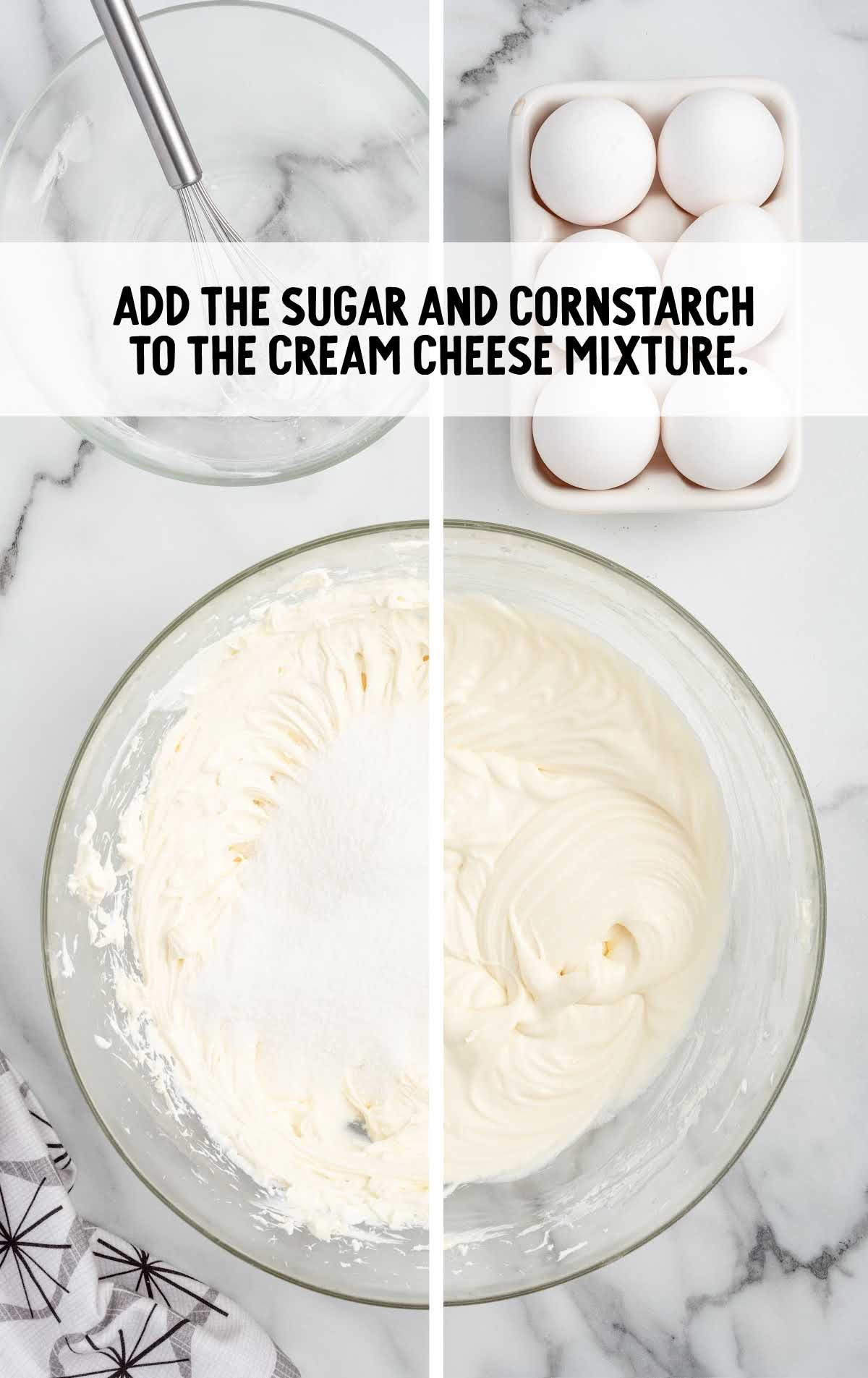 sugar and cornstarch added to the cream cheese mixture in a bowl