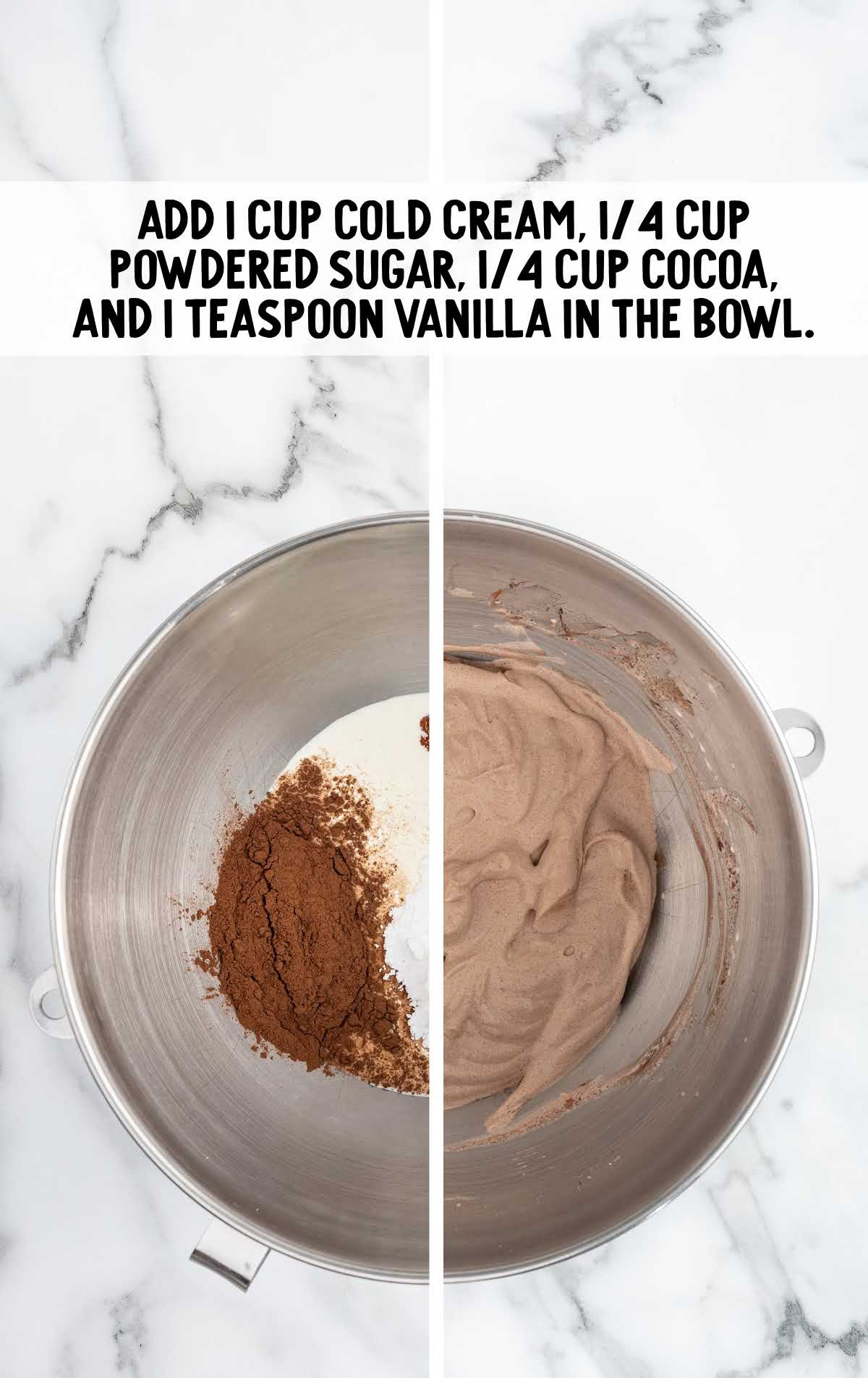 heavy cream, powdered sugar, cocoa, and vanilla combined in a bowl