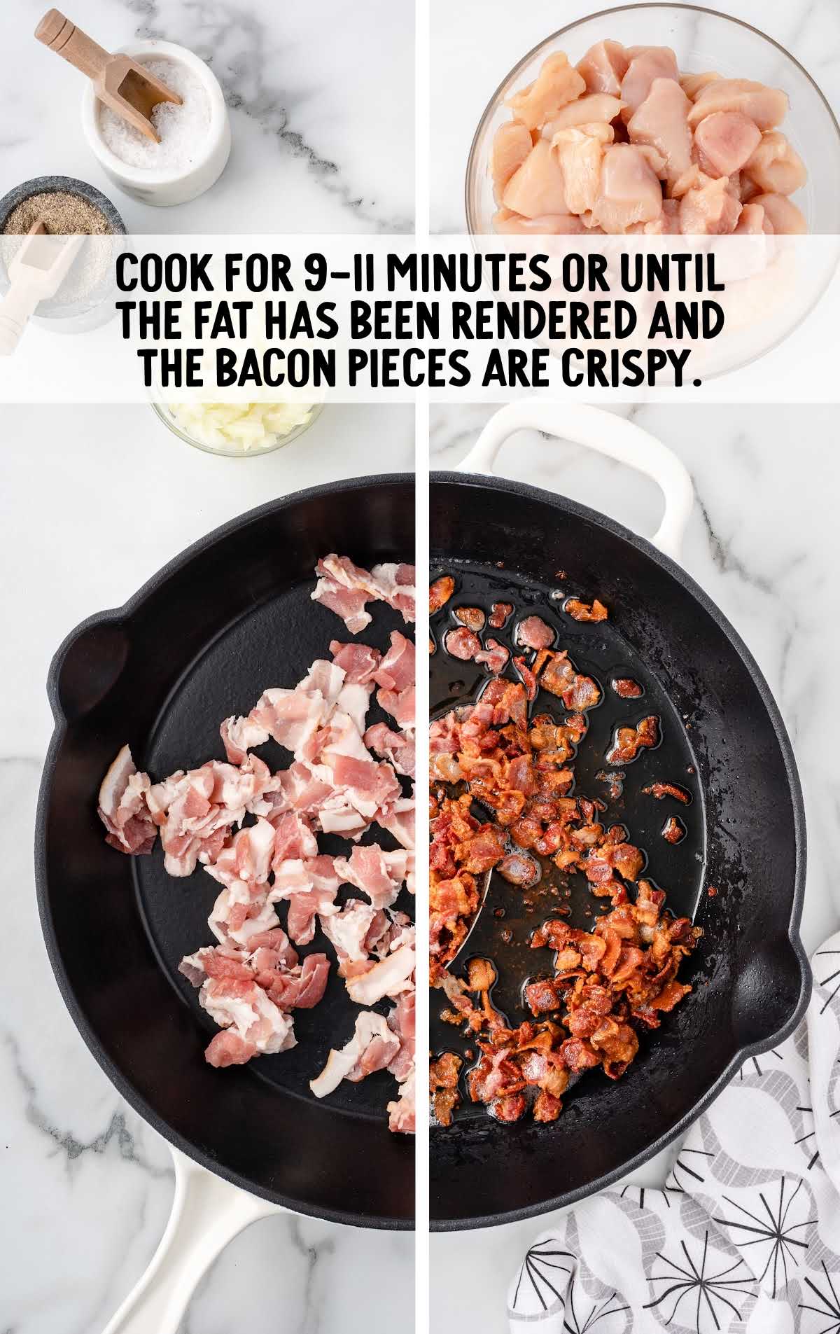 bacon pieces cooked in a skillet