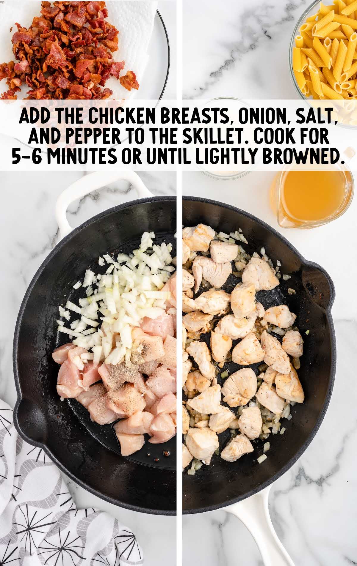 boneless skinless chicken breasts, diced yellow onion, salt, and black pepper added to the skillet
